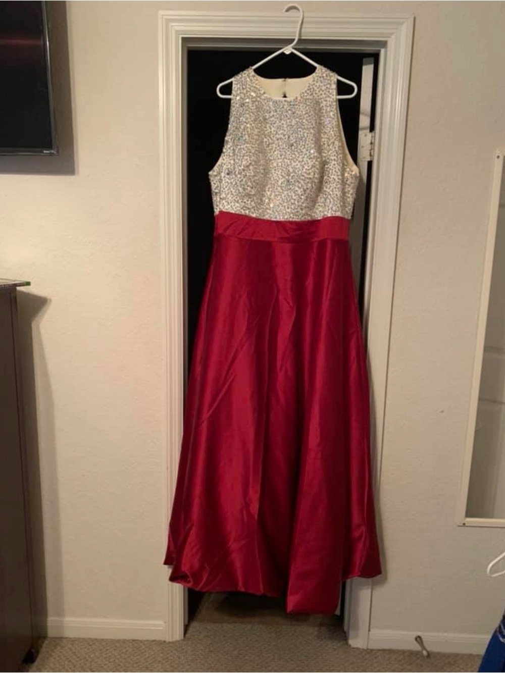 Sleeveless Sequin Bodice Red Satin Gown